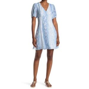 19 COOPER Women Snake Print Puff Sleeve Babydoll Dress In Bright Blue Size S $70